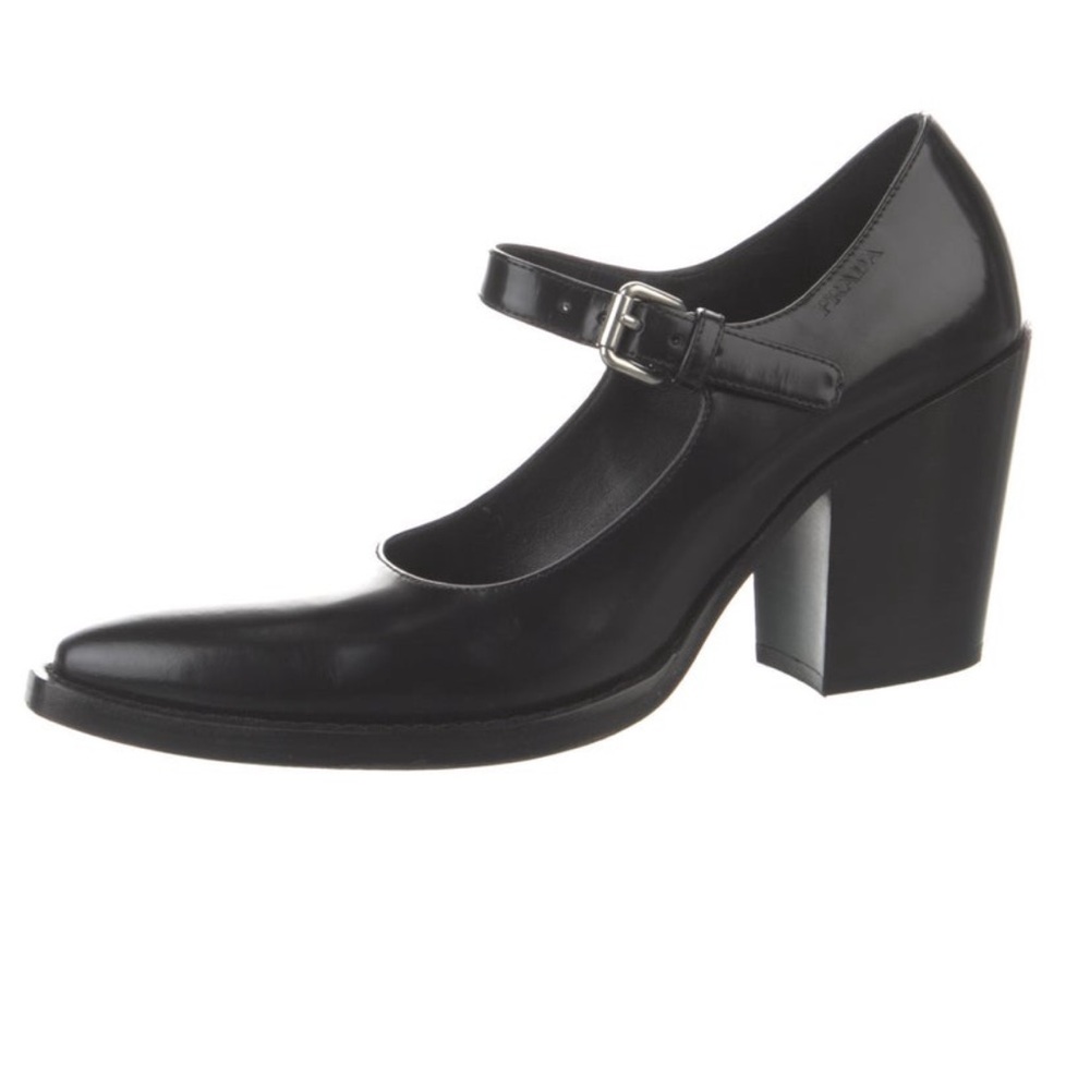 Prada 95mm Brushed Leather Pumps Mary Jane Black Buckle Pointed Toe